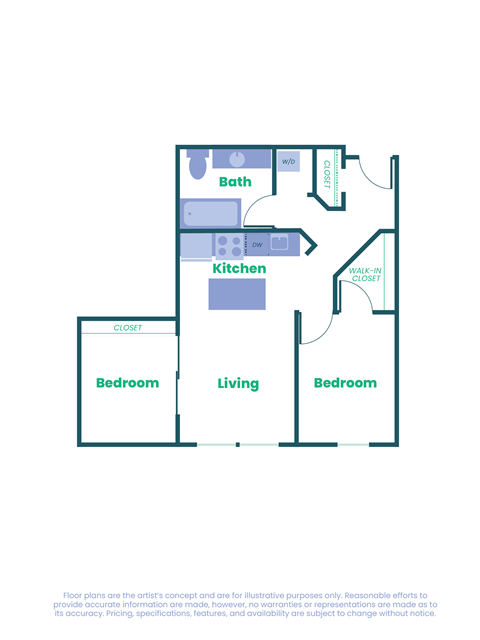 Floor plan for 2 beds, 1 bath, 850 sqft